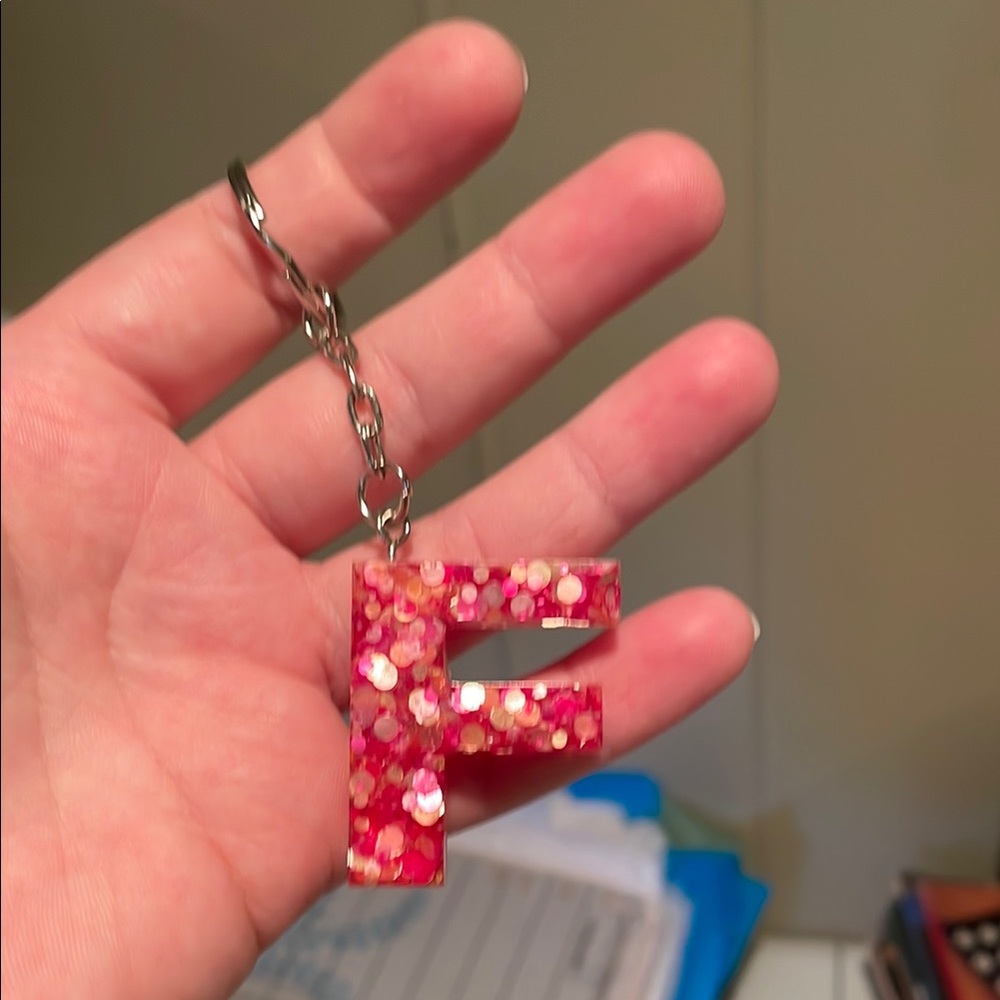 Pink Glitter Letter F Keychain